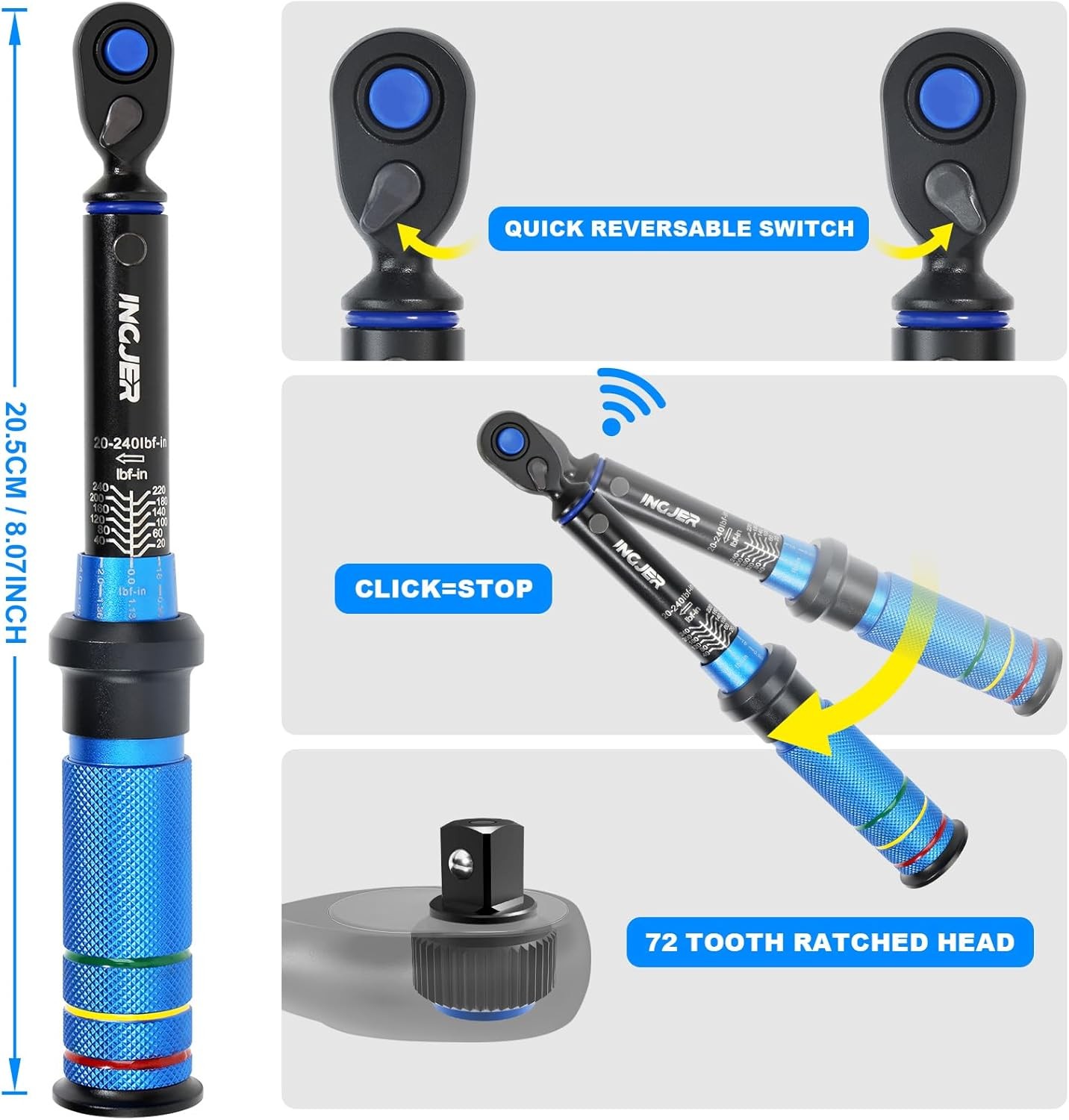 Torque Wrench Mini 1/4" Drive Click Torque 20-240in.lb Adjustable 72 Tooth Click gallery