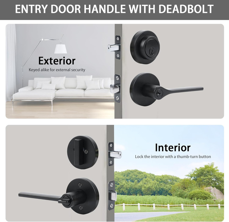 Matte Black Door Lock Set with Deadbolt - 3 Pack, Keyed Alike gallery