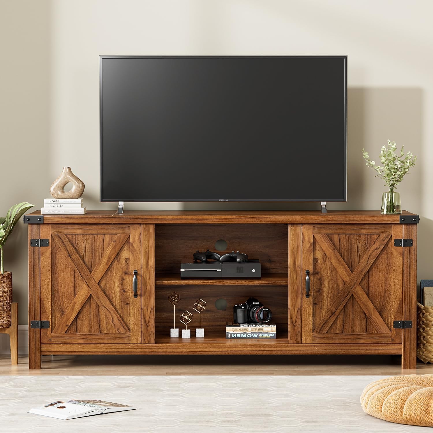 TV Stand with Two Barn Doors and Storage Cabinets for Televisions up to 65+ Inch gallery