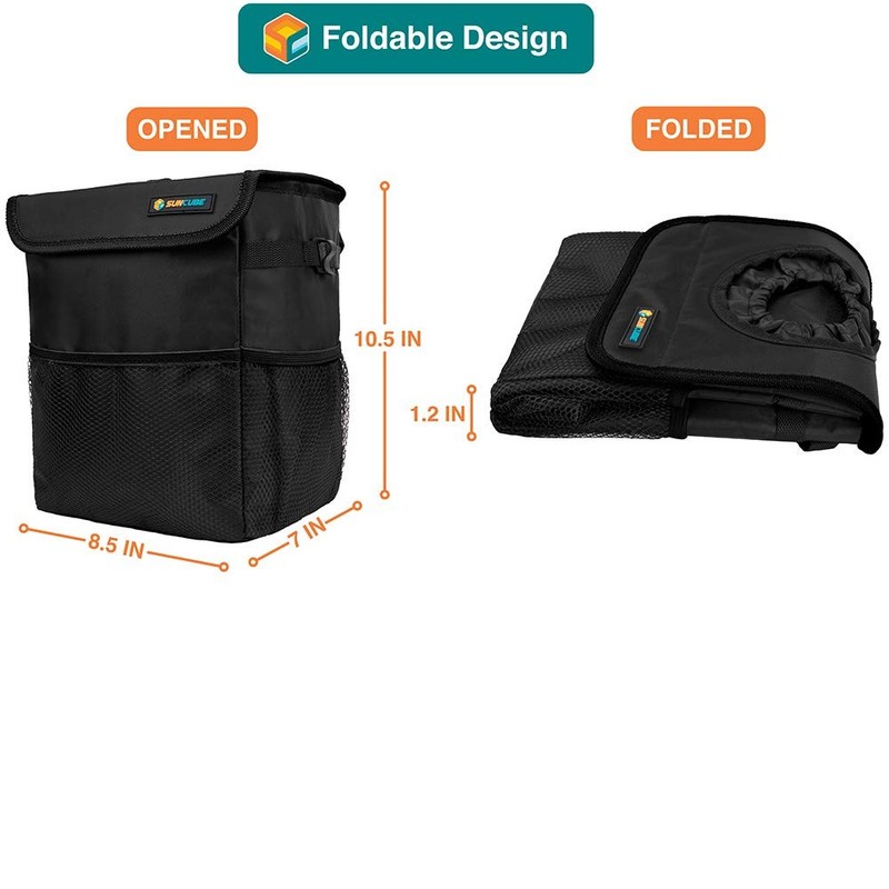 SUN CUBE Waterproof Car Trash Can with Lid, Mesh Pockets | One Size, Black gallery