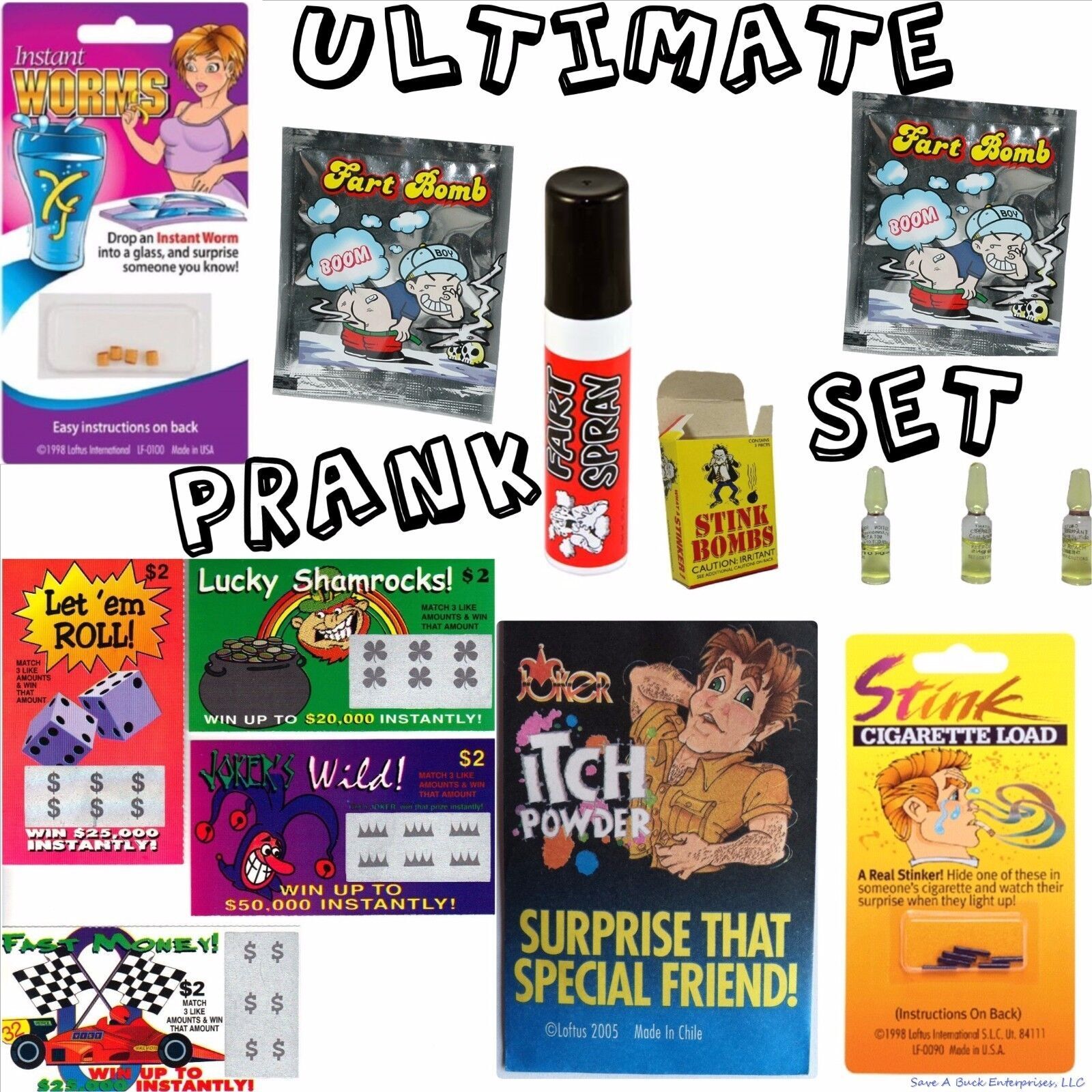 Ultimate Prank Set - Stink,Fart Bombs,Fake Lotto,Fart Spray,Worm,Itch Powder,etc gallery