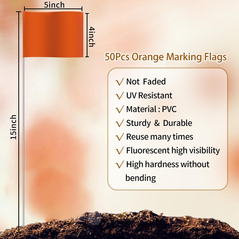 50Pack Marking Flags Orange Marker Flags - 15X4X5 Inch Lawn Flags Landscap gallery