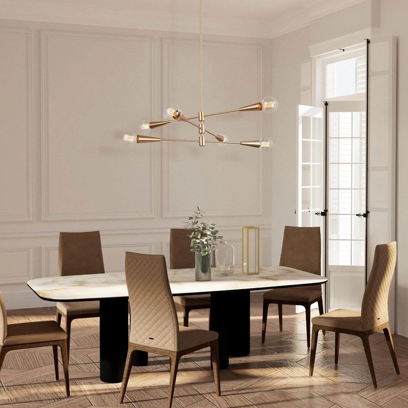 Uolfin Transitional Dining Room Chandelier 31 in. Modern Sputnik 6-Light Brass gallery