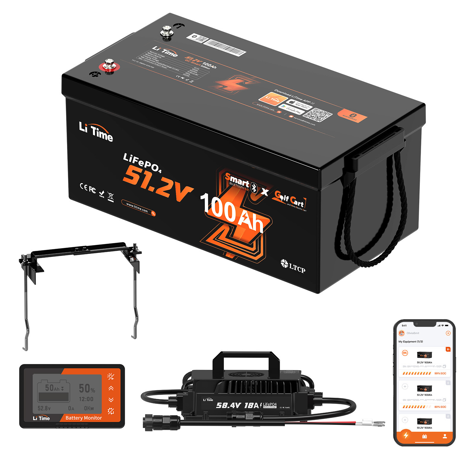 LiTime 48V 100Ah Bluetooth Golf Cart Lithium Battery Charger Monitor Fix Rod Set gallery