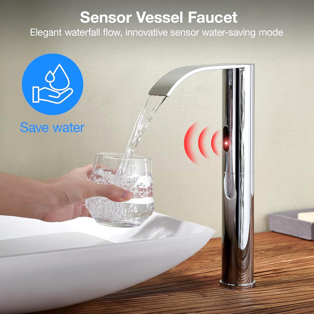 Touchless Bathroom Sink Faucet Automatic Sensor Waterfall Vessel Hands-Free Tall