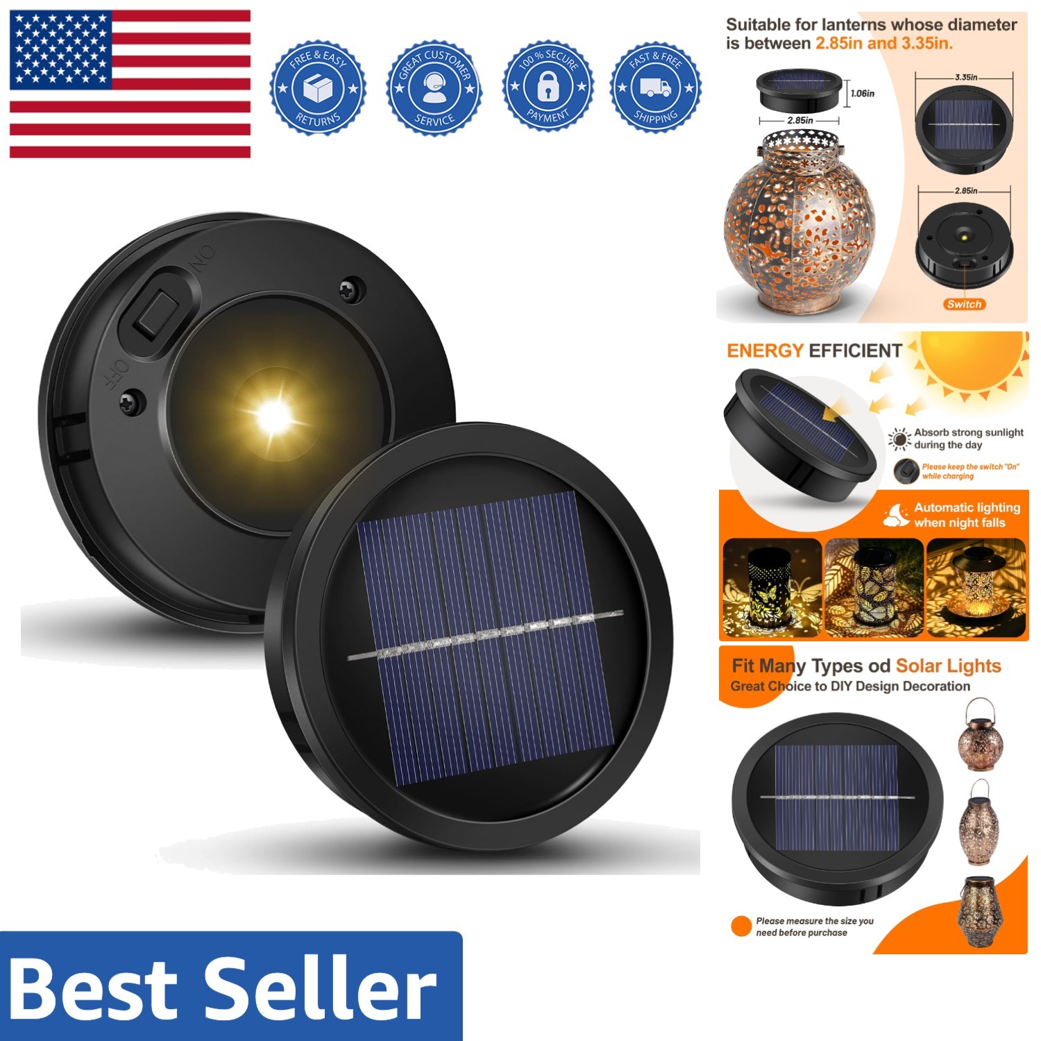 High-Efficiency Solar Light Replacement Tops - 3.35in Lantern Inserts, Warm LED gallery