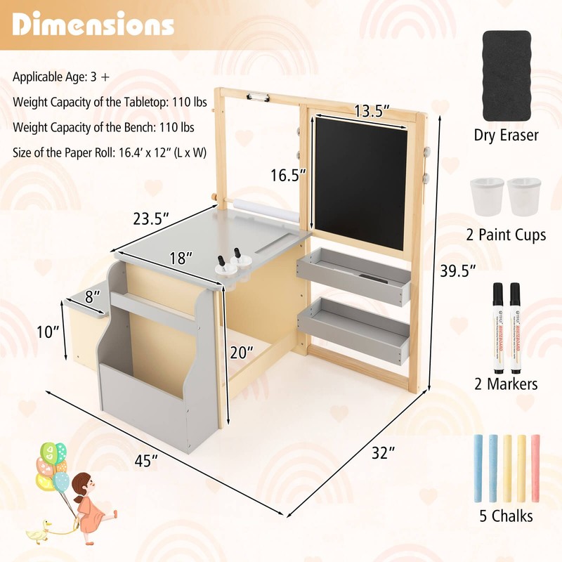 Kids Art Easel & Table & Bench Set with Blackboard & Magnetic Whiteboard Nursery gallery