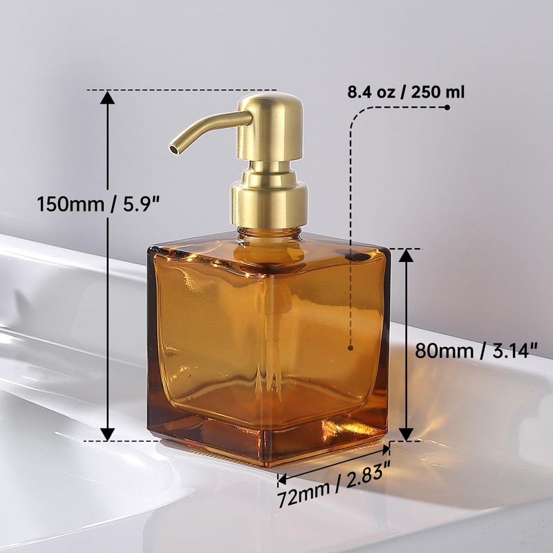 Square Bathroom Soap Dispenser Amber Bottle with Brushed Gold Pump, Retangle ... gallery
