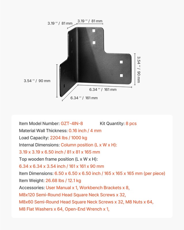 VEVOR 8pcs Workbench Corner Brackets Kit 6.5x6.5x6.5 in/165x165x165 mm Angle gallery