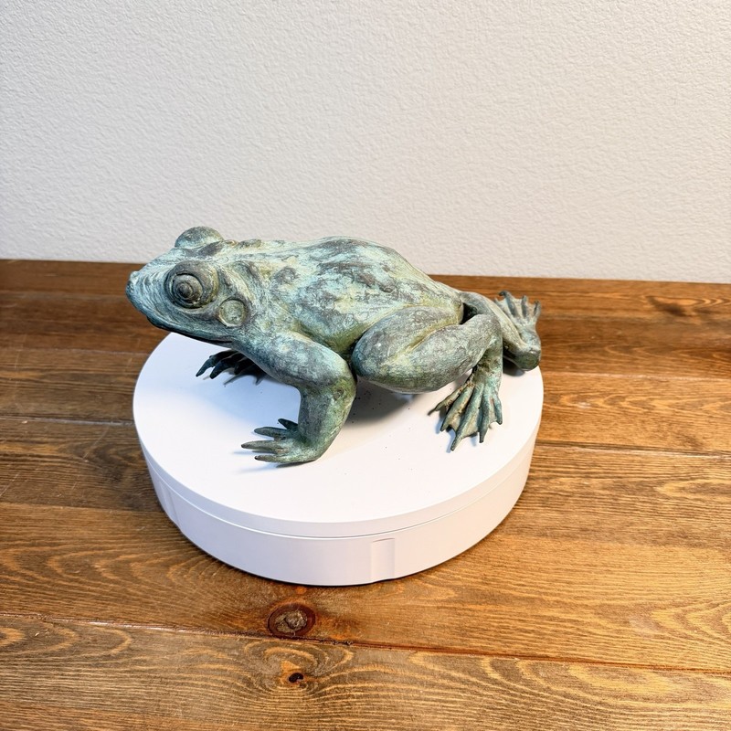 Heavy Bronze Statue Croaking Frog in Green Patina for water fountain feature 12" gallery