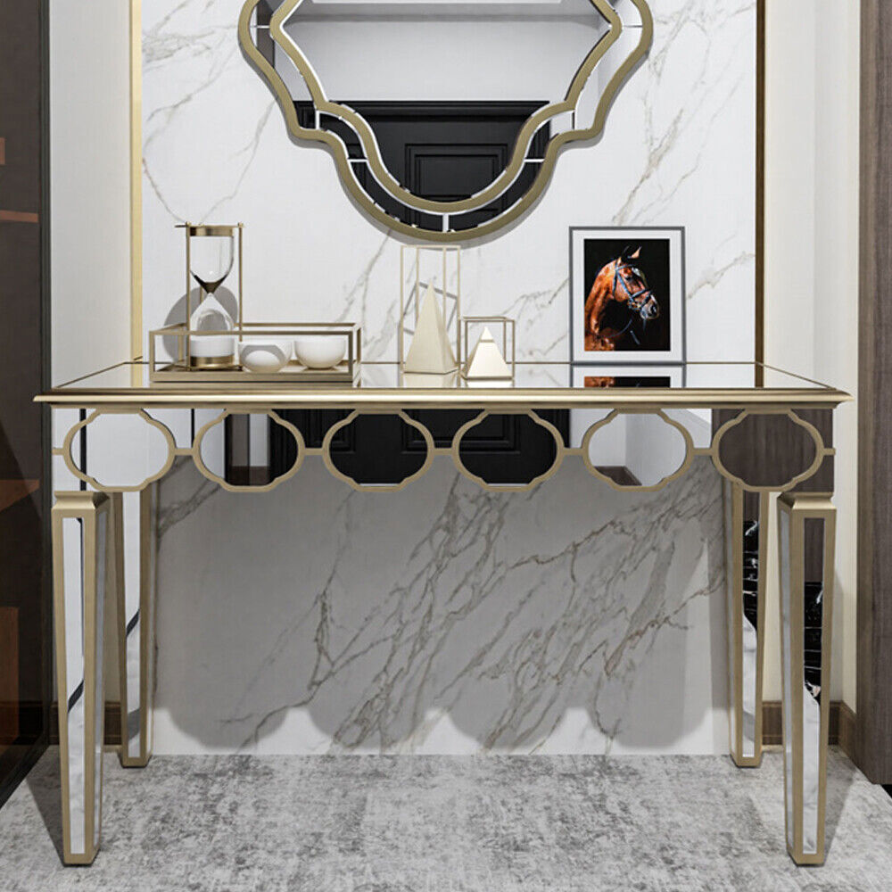 FATIVO Glass Mirrored Console Table Gold Trim Side Bar Table Living Room Hallway gallery