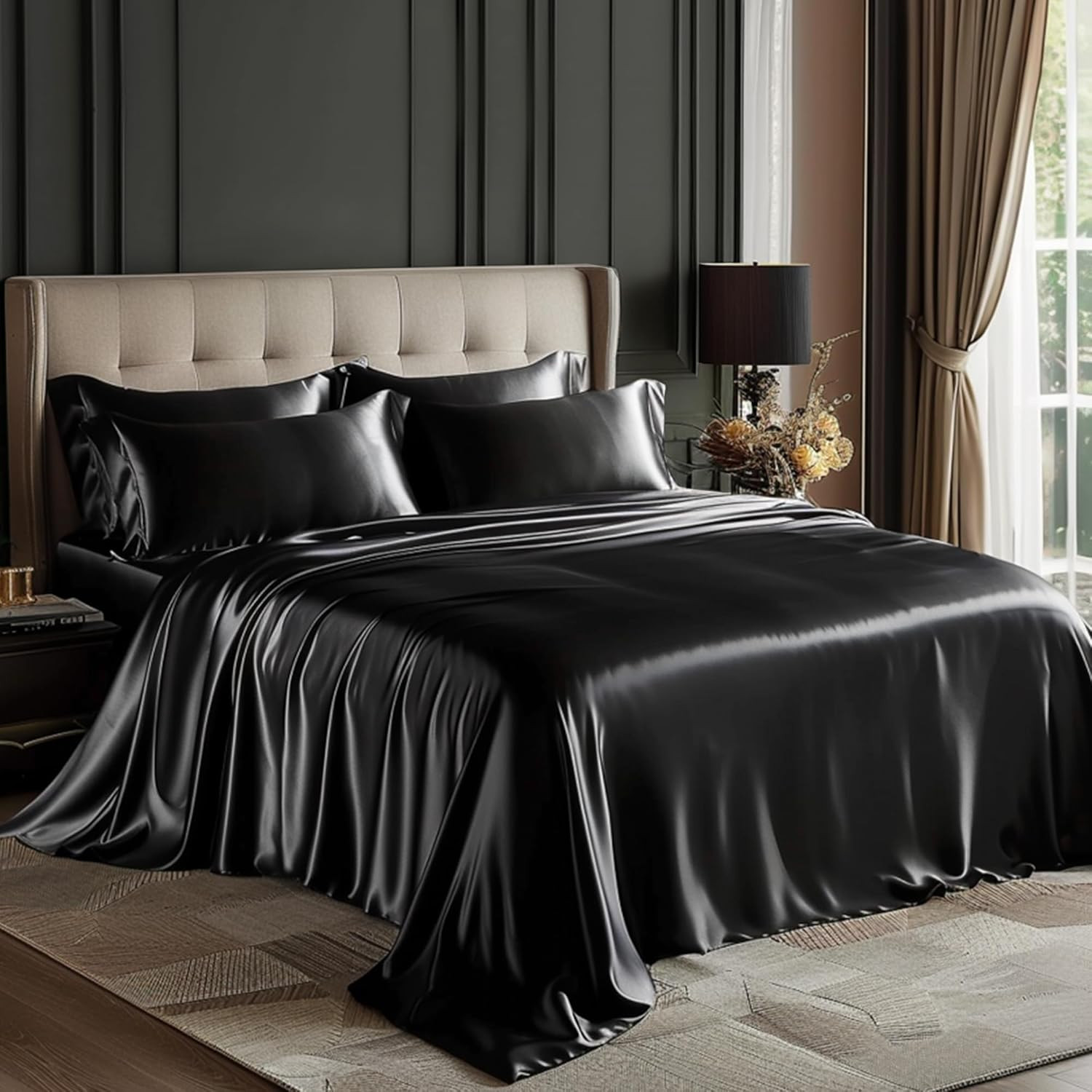 Satin Queen Sheets Set - 4 Piece Black Silky Bed Sheets Set with Deep Pocket, Lu gallery