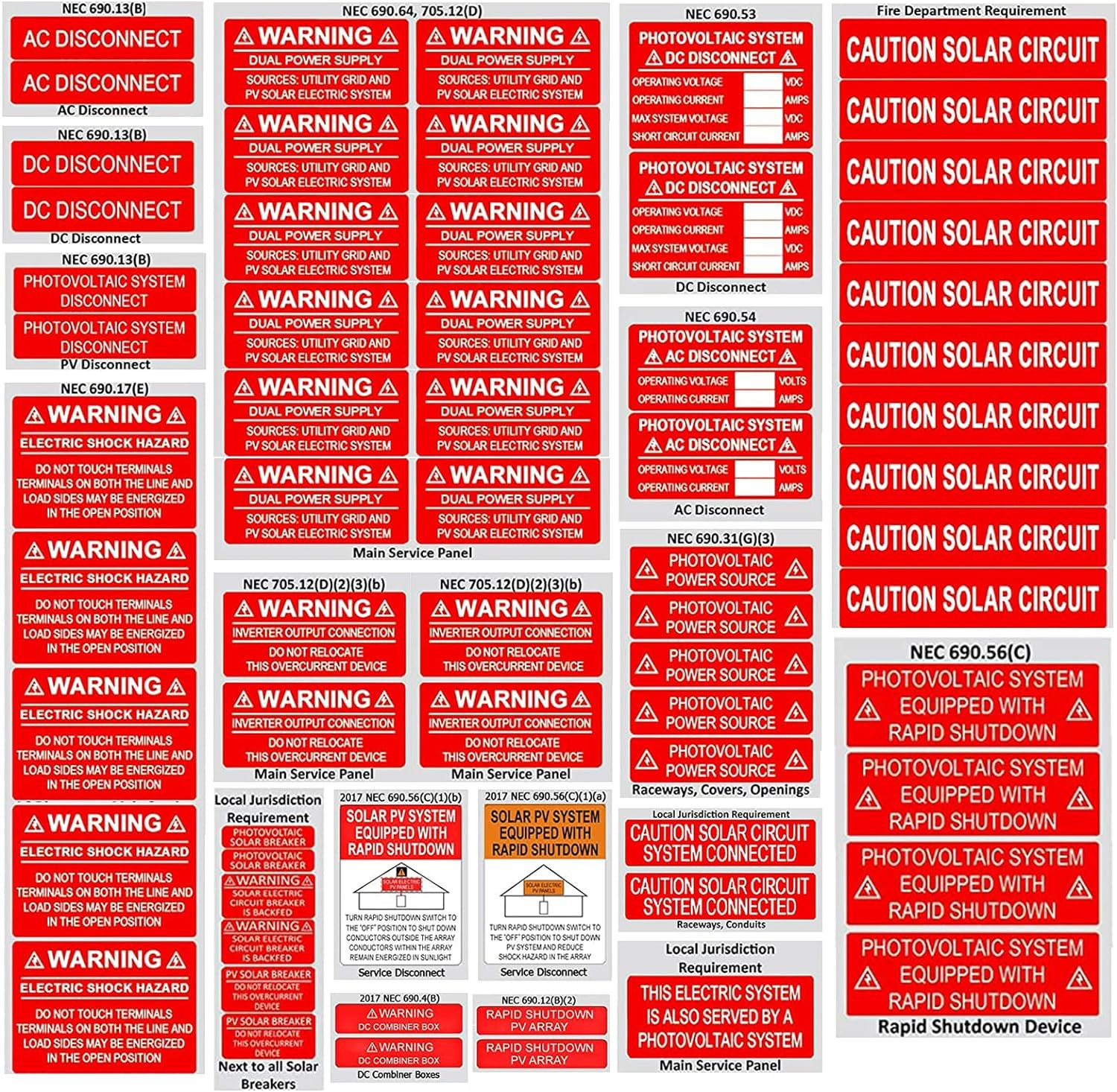 62 Pack Premium Solar PV System Labels UV Resistant NEC Compliant Safety Warning gallery