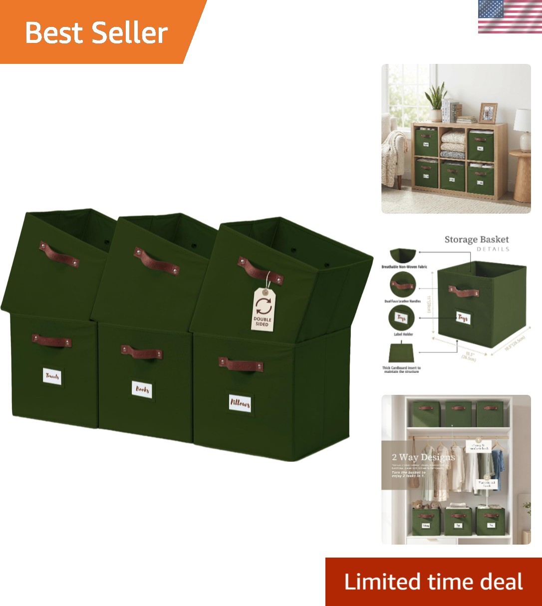 Stylish Olive Green Fabric Storage Bins with Labels - 6 Pack, 11 lbs Capacity gallery