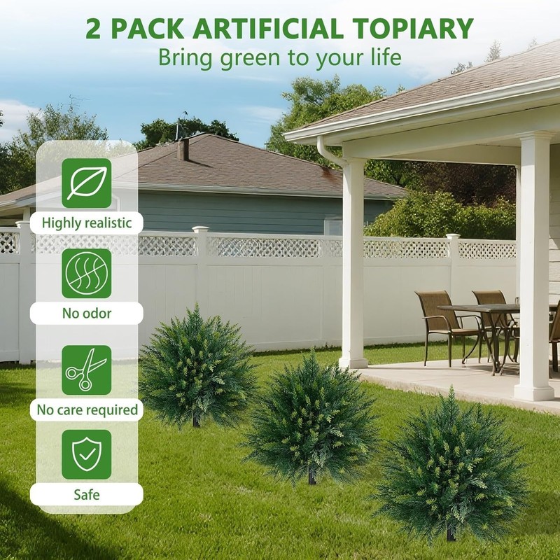 *NEW* 2PCS Artificial Cedar Topiary Ball Trees 23" for Outdoors w/ Ground Spike gallery