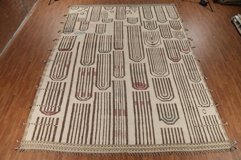All-Over Ivory Moroccan Modern Large Rug 11x16 Wool Handmade Dining Room Carpet gallery
