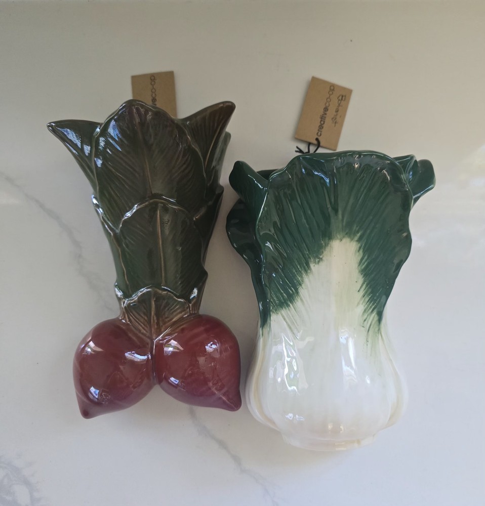 Creative Co-op Embossed Cabbage Radish Shaped Wall Vase Planters Set Of Two New