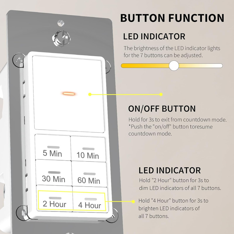 Countdown Timer Switch for Bathroom Fans and Lights, 5/10/30/60 Min, 2/4 Hours, gallery