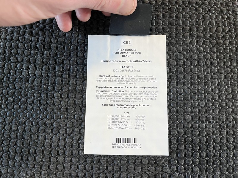 Crate & Barrel Sample Rug Square Carpet Tile Niya Boucle Black 12" x 12" gallery