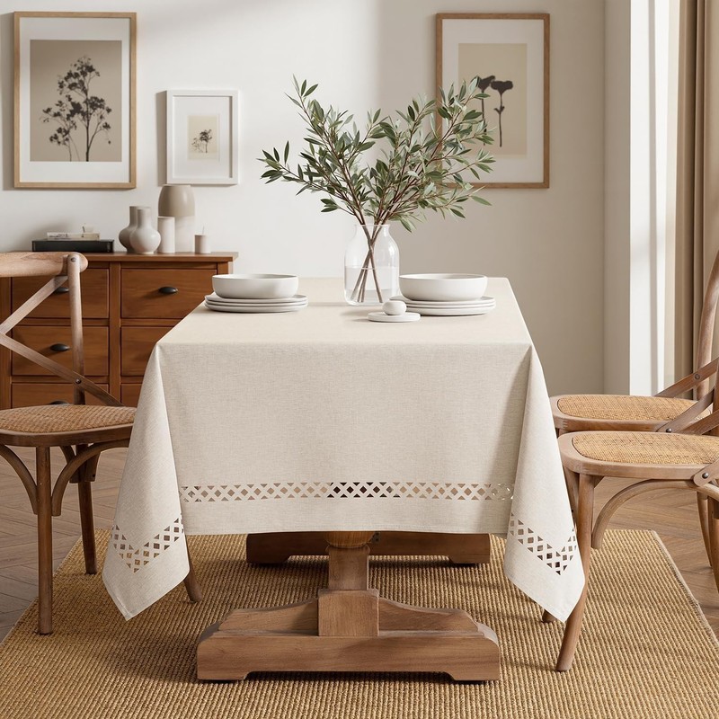 Beige Rectangle Linen Polyester Tablecloth with Decorative Cutouts Spring Wat... gallery