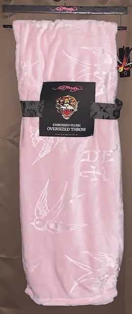 Ed Hardy Pink Sparrows/Birds & Monograms Embossed Oversized Plush Throw Blanket gallery