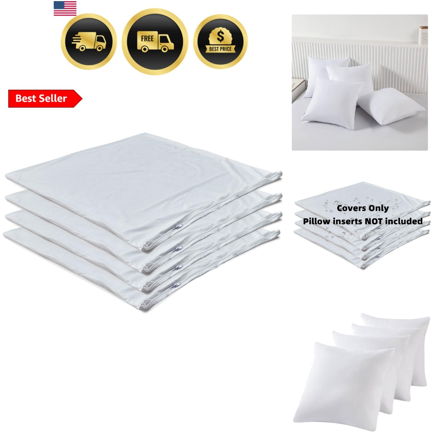 4 Pack Waterproof Down Feather Proof Pillow Protectors with Zipper 20x20 Zipp... gallery