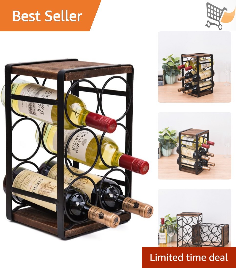 Rustic Wood Countertop Wine Rack 6 Bottles No Assembly Brown Kitchen Bar gallery