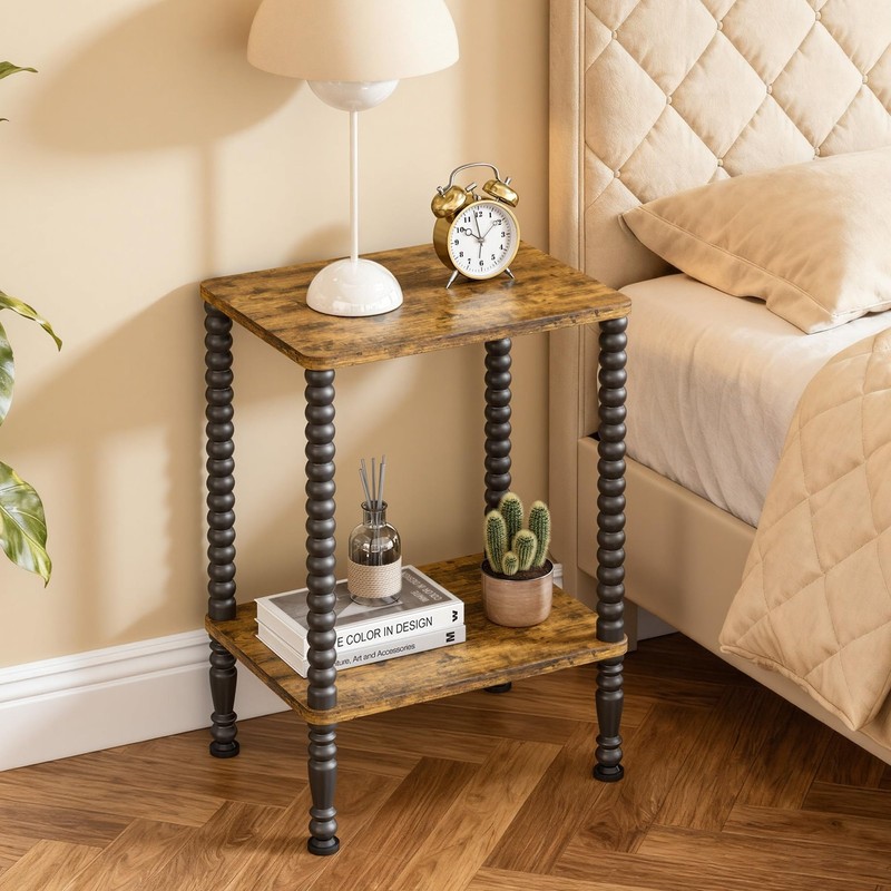 Side Table Small End Table 2Tier Nightstand Storage Shelves Rustic Brown Black gallery