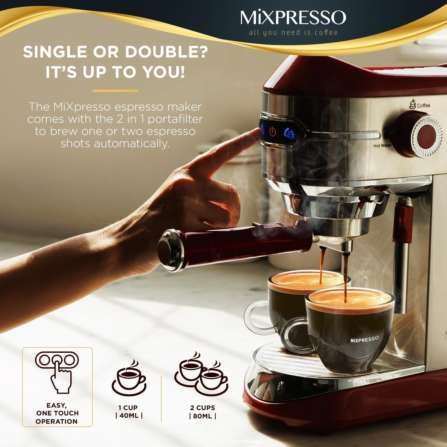 Mixpresso 15-Bar Automatic Espresso Machine with Milk Frother, 37 Oz, Dark Red gallery