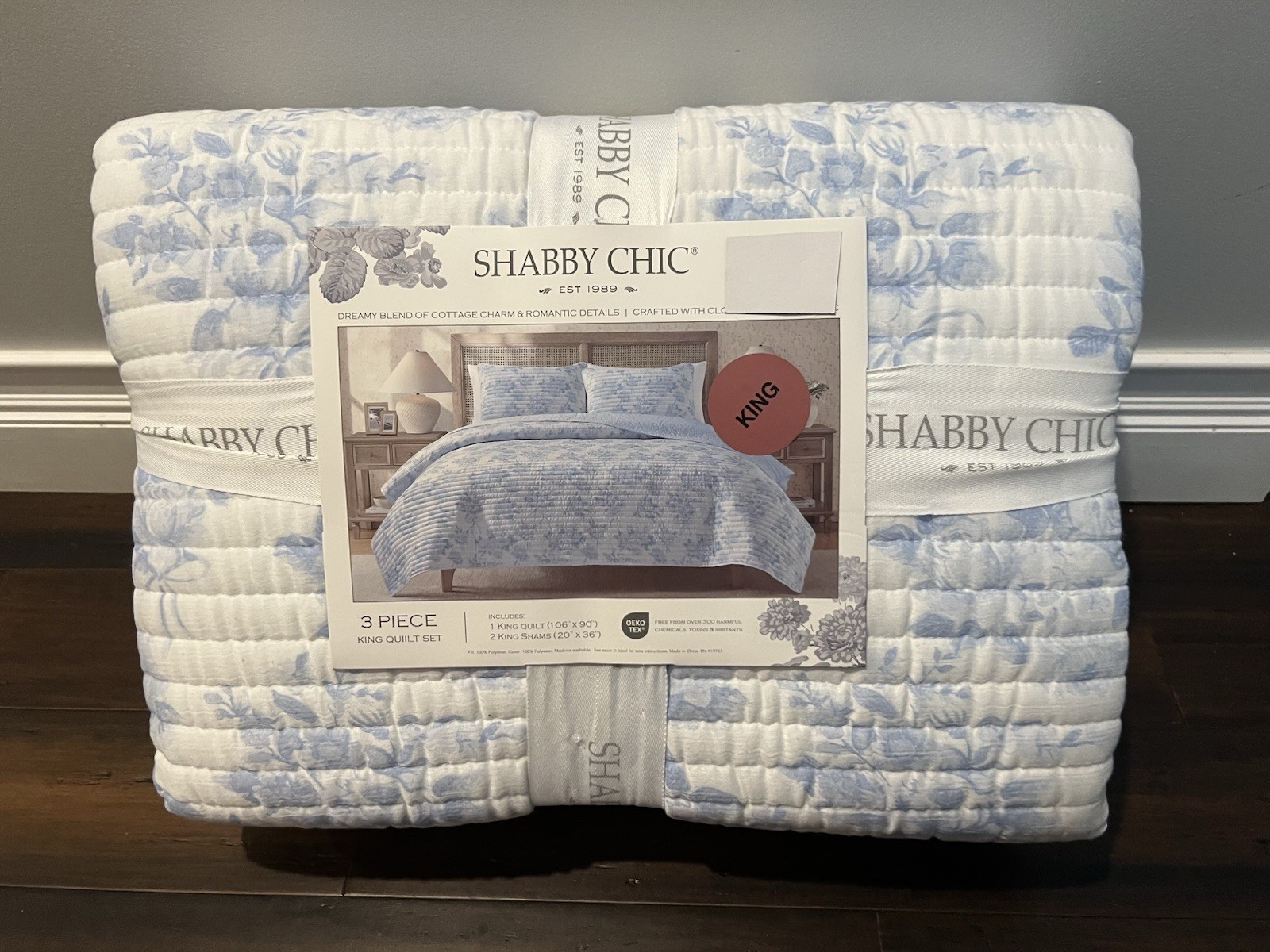 Shabby Chic King Reversible Quilted 3-Piece Quilt Set Blue White Floral 106x90 gallery