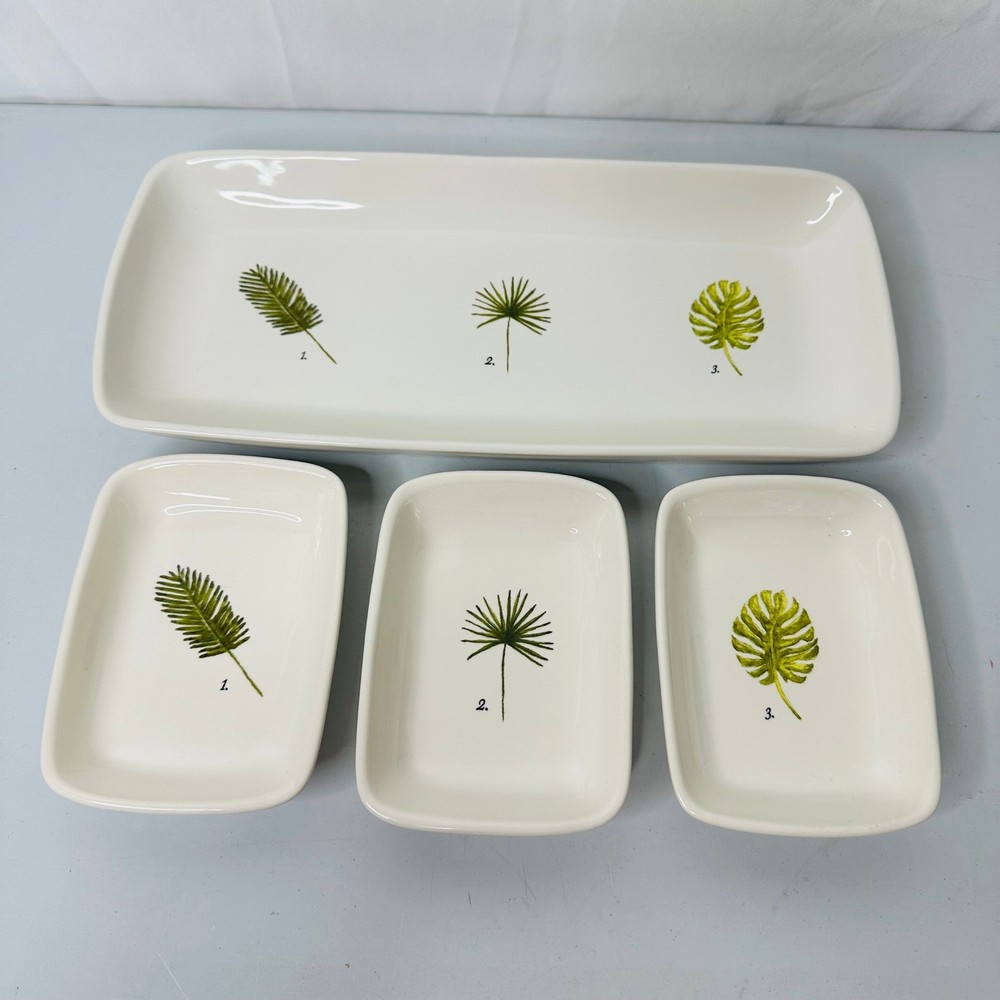 Botanical Palm Leaf Ceramic Serving Set Platter and 3 Appetizer Trays Green