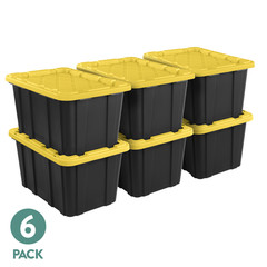 Sterilite Large Storage Bin, 27 Gallon Plastic Storage Tote Black/Yellow, 6 Pack