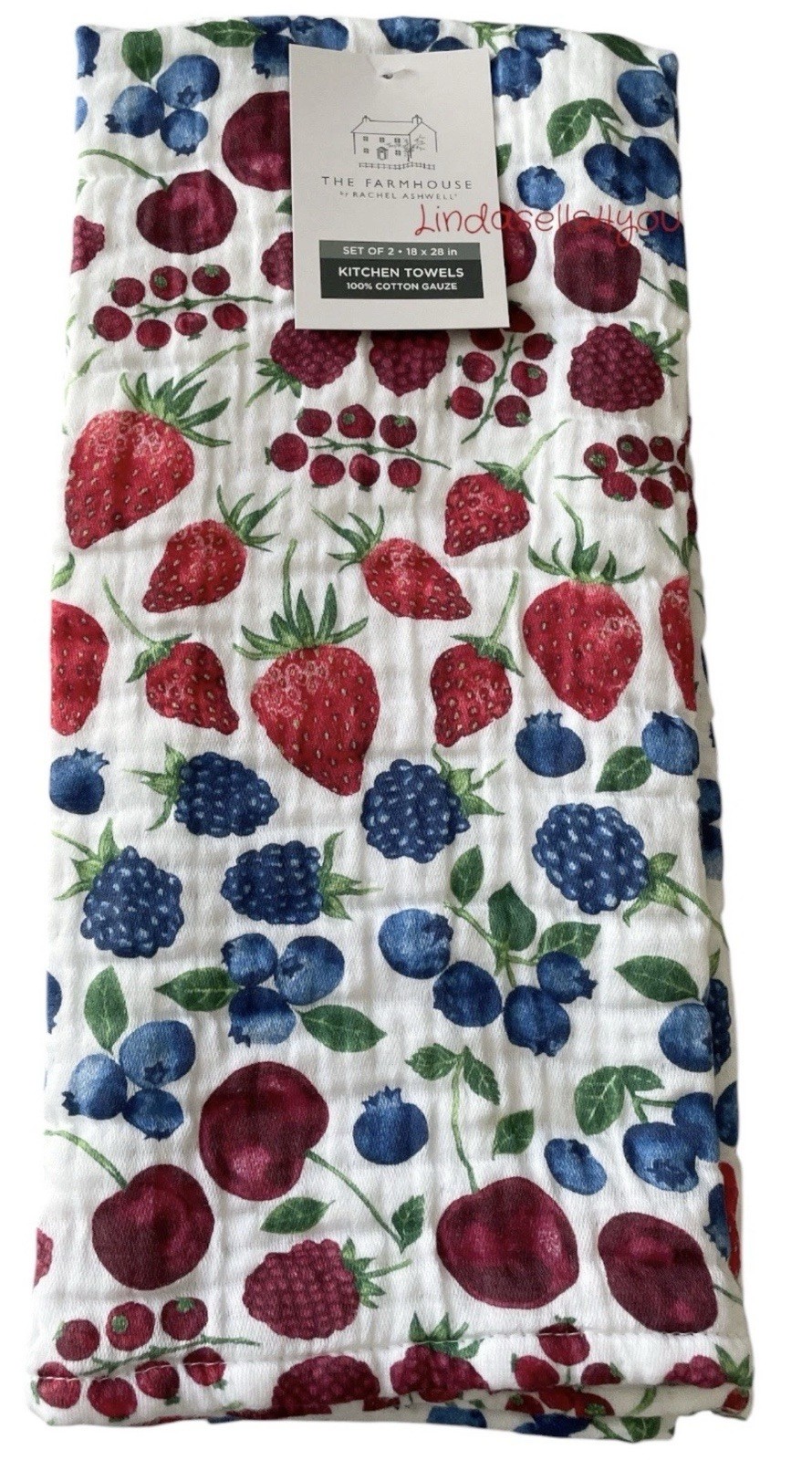 RACHEL ASHWELL Kitchen Towels Set (2) Fruit Red White Blue 100% Cotton Gauze NWT gallery