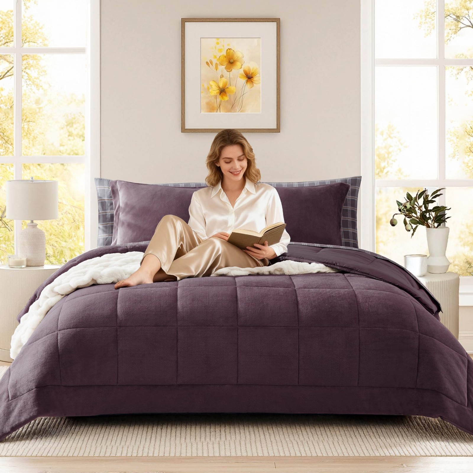 AMBERSPACE Plush King Size Comforter Set Purple, Flannel Velvet Comforter Se... gallery
