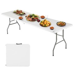 FDW 6FT Folding Table, Portable Fold-in-Half Plastic 6 FT 70″x29″, White