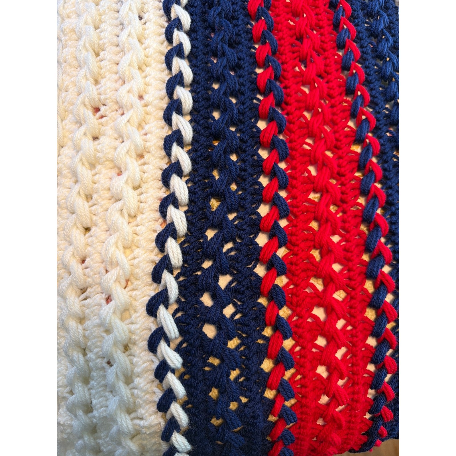 Vintage Hand Crocheted Red White Blue Throw Blanket 57x89 Patriotic Afghan USA gallery
