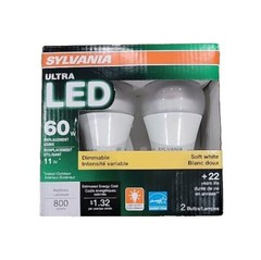 Sylvania LED11A19 60W Replacement Using 11W Dimmable Soft White LED 2 Bulbs