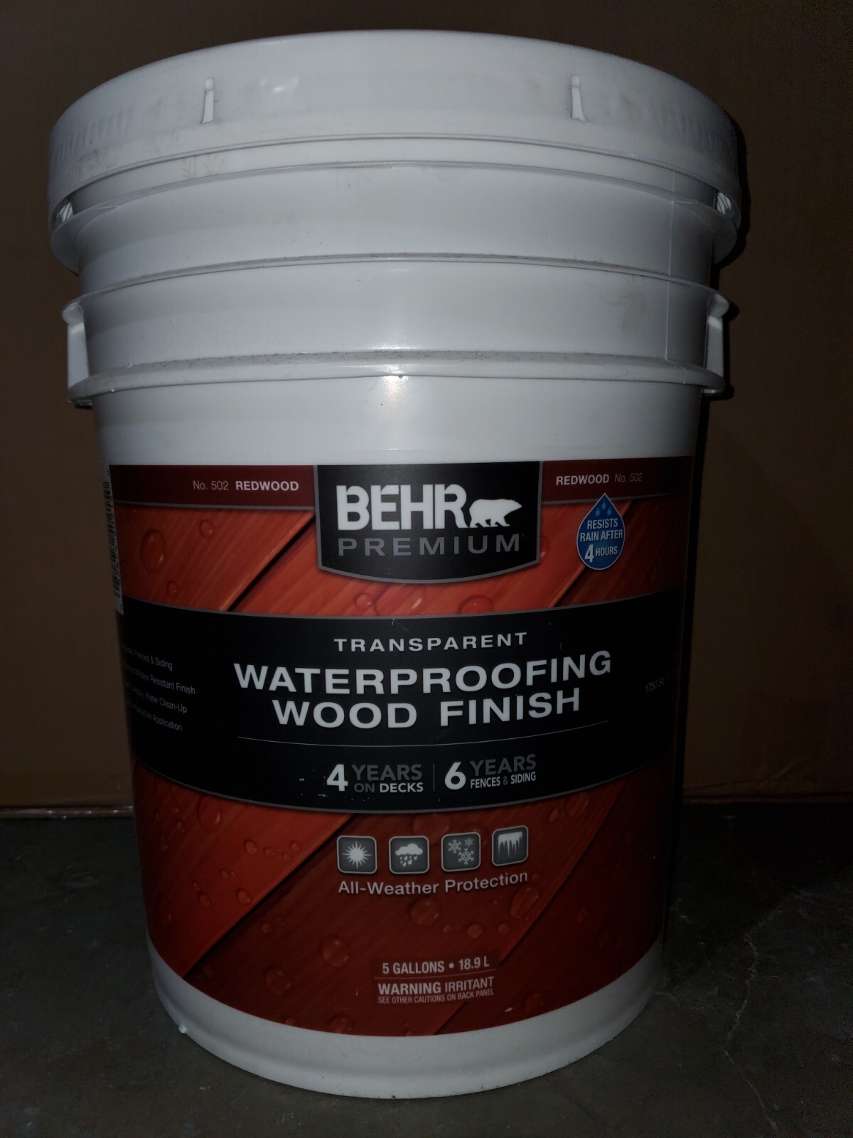 BEHR 5 Gal Premium Transparent Waterproofing Wood Finish REDWOOD #502 T330 gallery