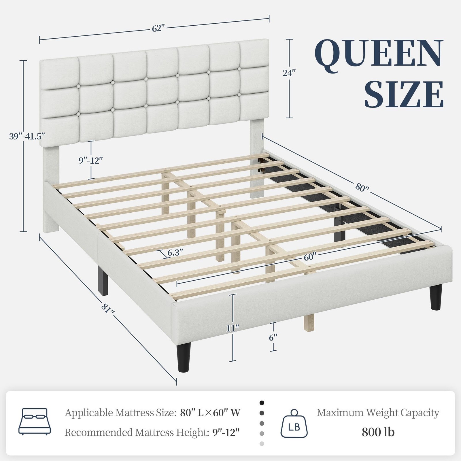 Upholstered Bed Frame, Modern Queen Bed Platform with Square Stitched, Beige gallery