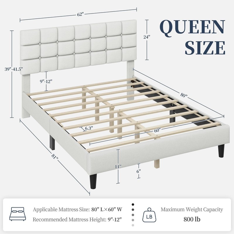 Upholstered Bed Frame, Modern Queen Bed Platform with Square Stitched, Beige gallery