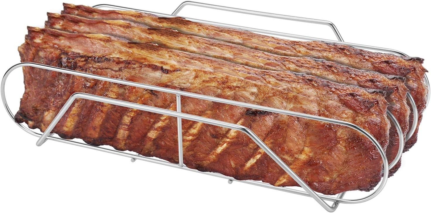 Extra Long Stainless Steel Rib Rack for Smoking and Grilling, Holds up to 3 Full gallery
