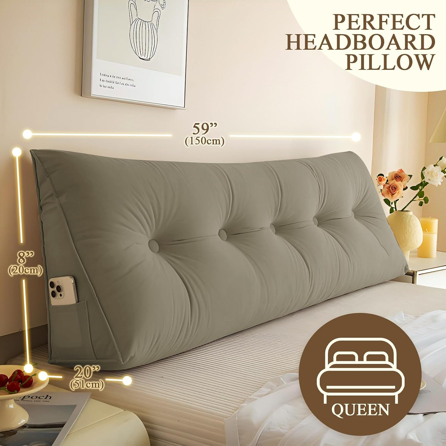Queen Triangular Wedge Headboard Pillow for Reading & Relaxing - Khaki gallery