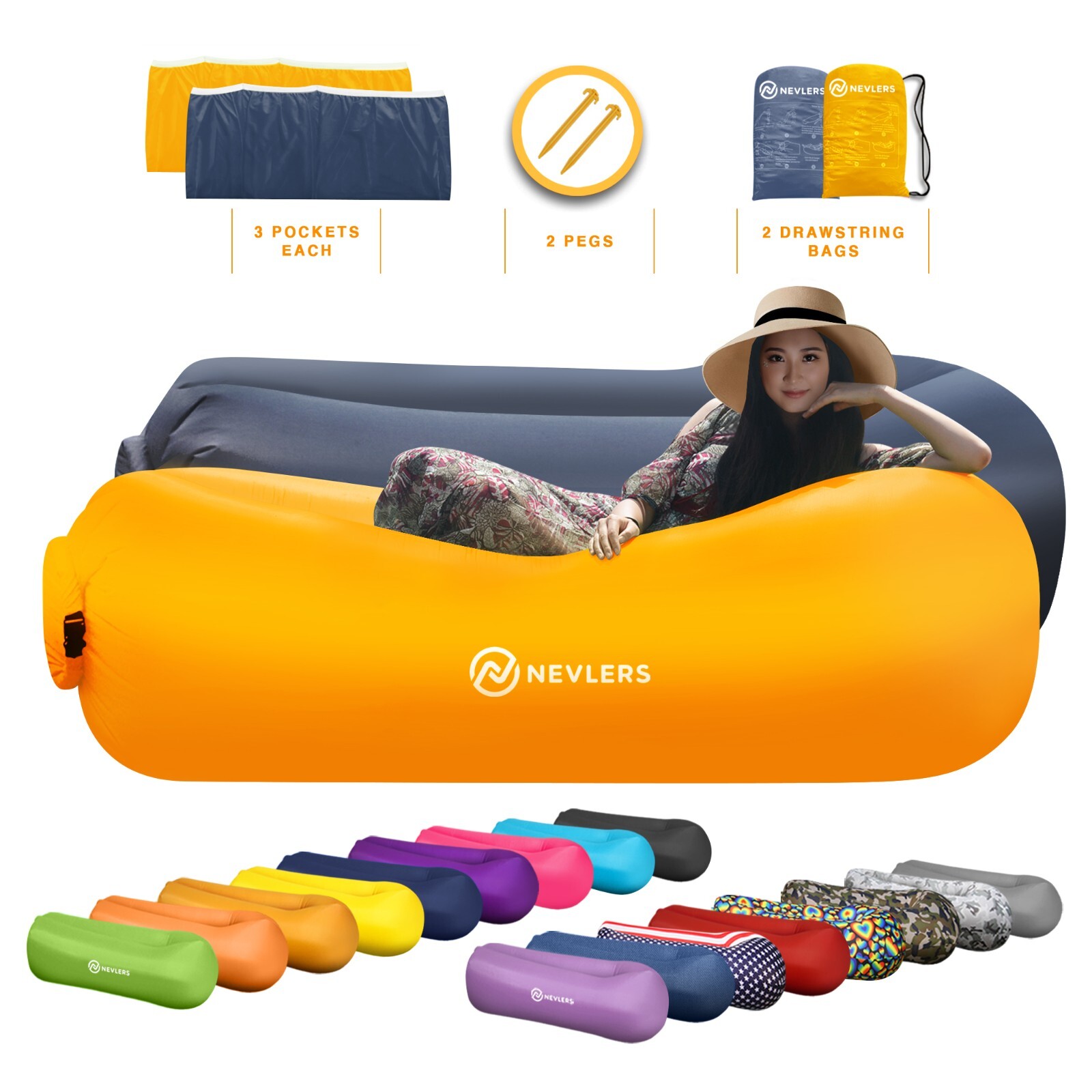 Mockins Inflatable 2 Pack Navy & Saffron Blow Up Lounger Beach Sofa Bed Chair gallery