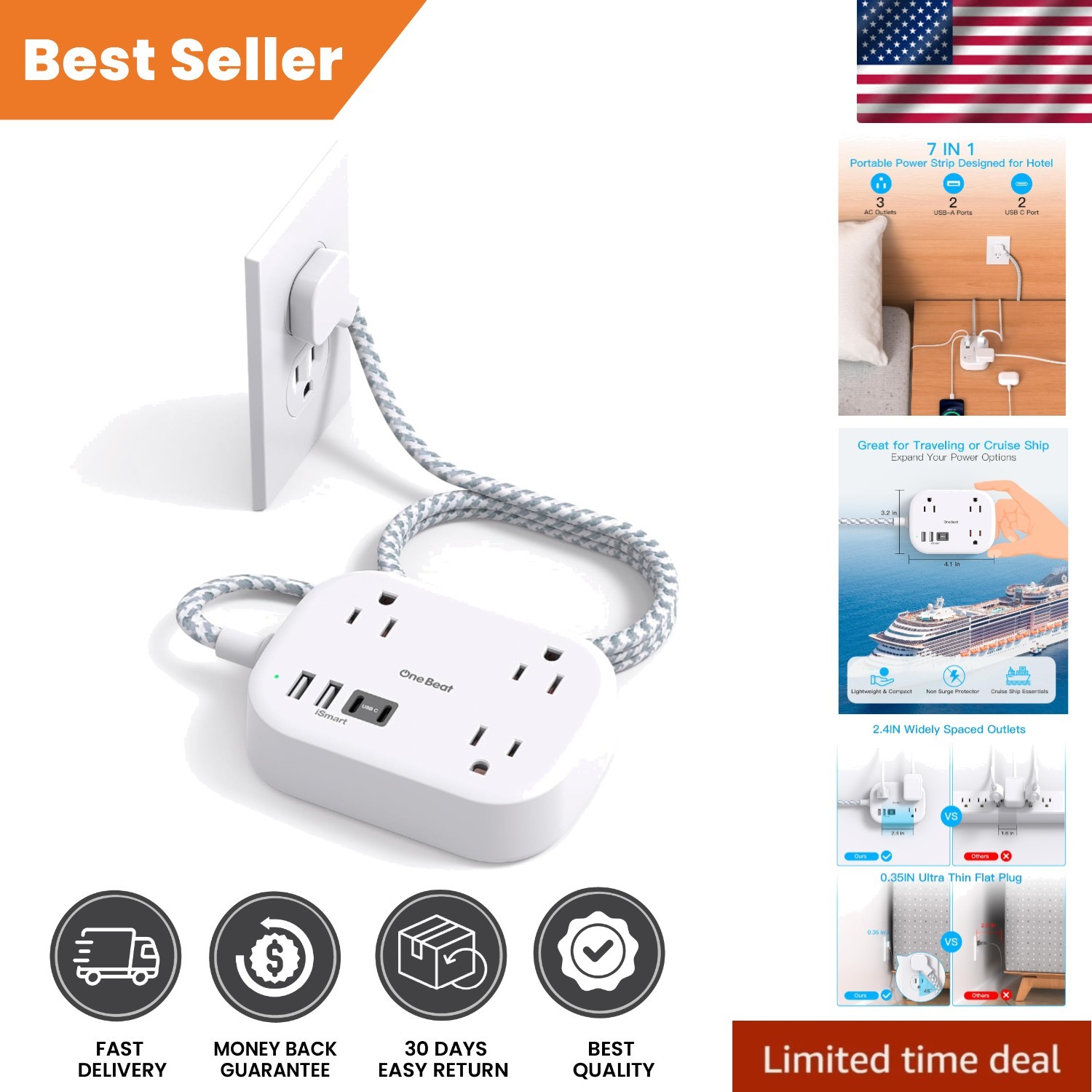 Lightweight Cruise Approved Power Strip: USB C & 4 Ports for Easy Charging gallery