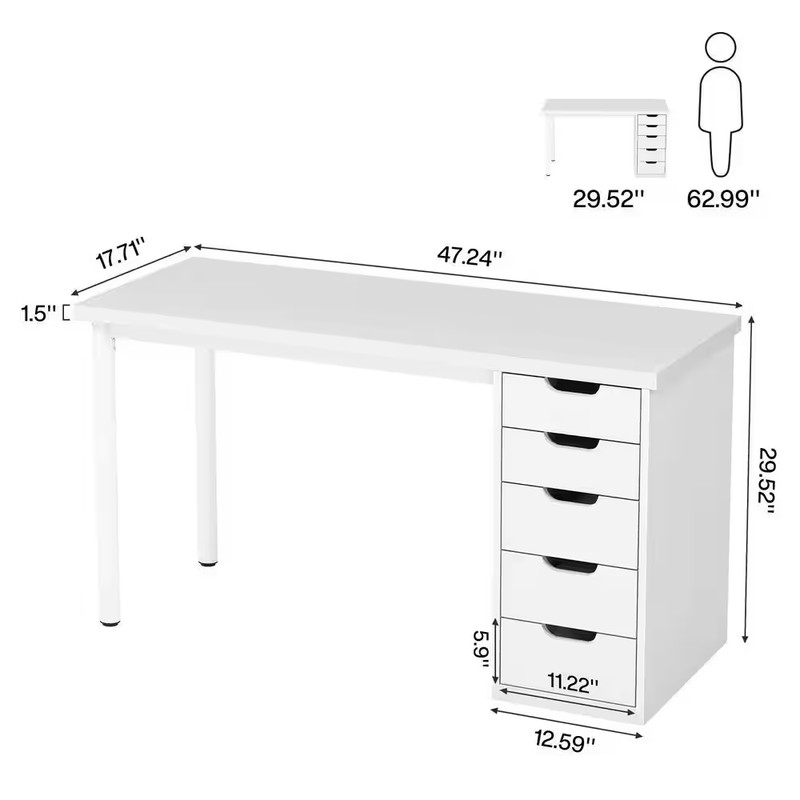 Havrvin 47 In. Rectangular White 5-Drawer Computer Desk, Modern Study Writing Ta gallery