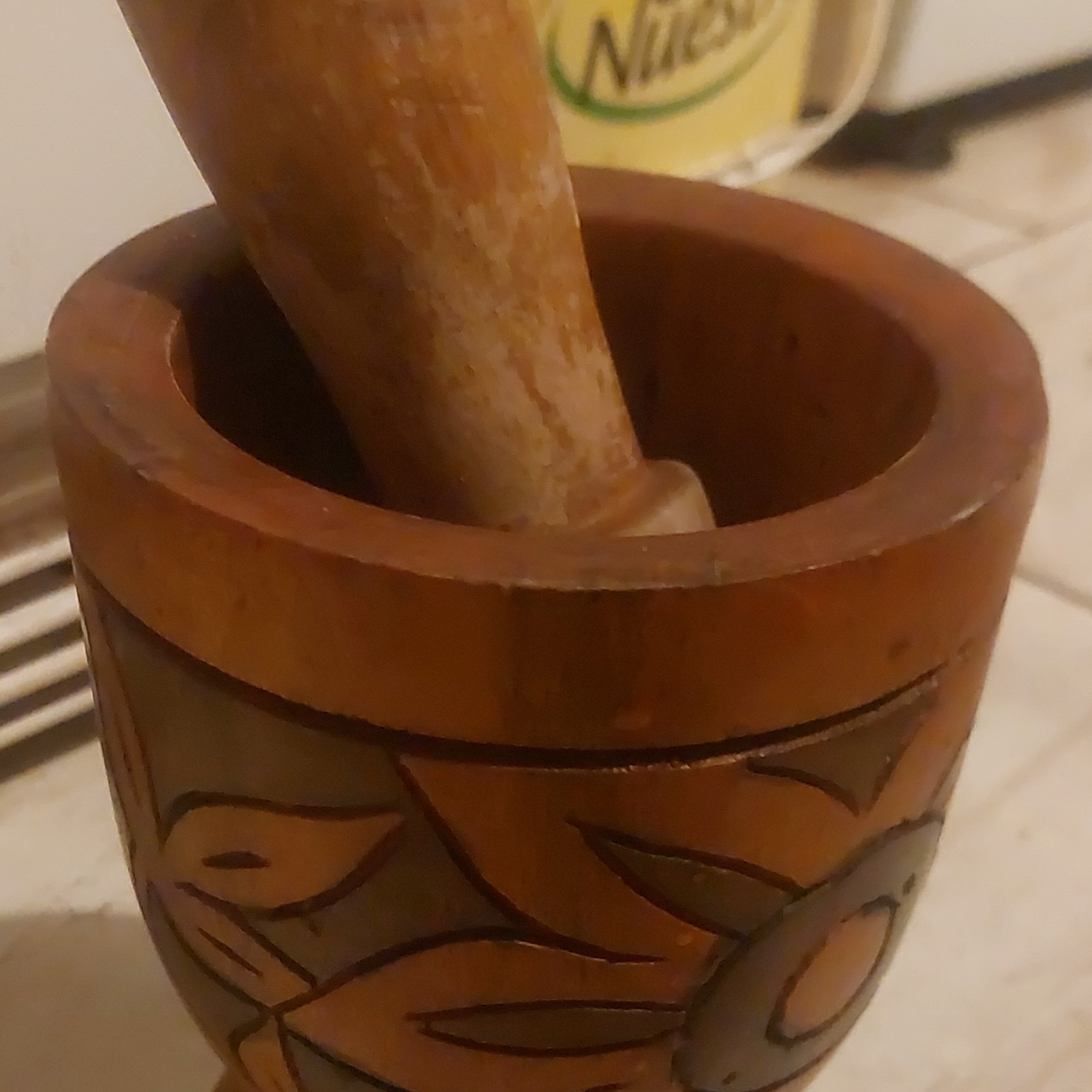 Wood Mortar & Pestle Set, Medium Brown Wood, Floral Carved Pattern gallery