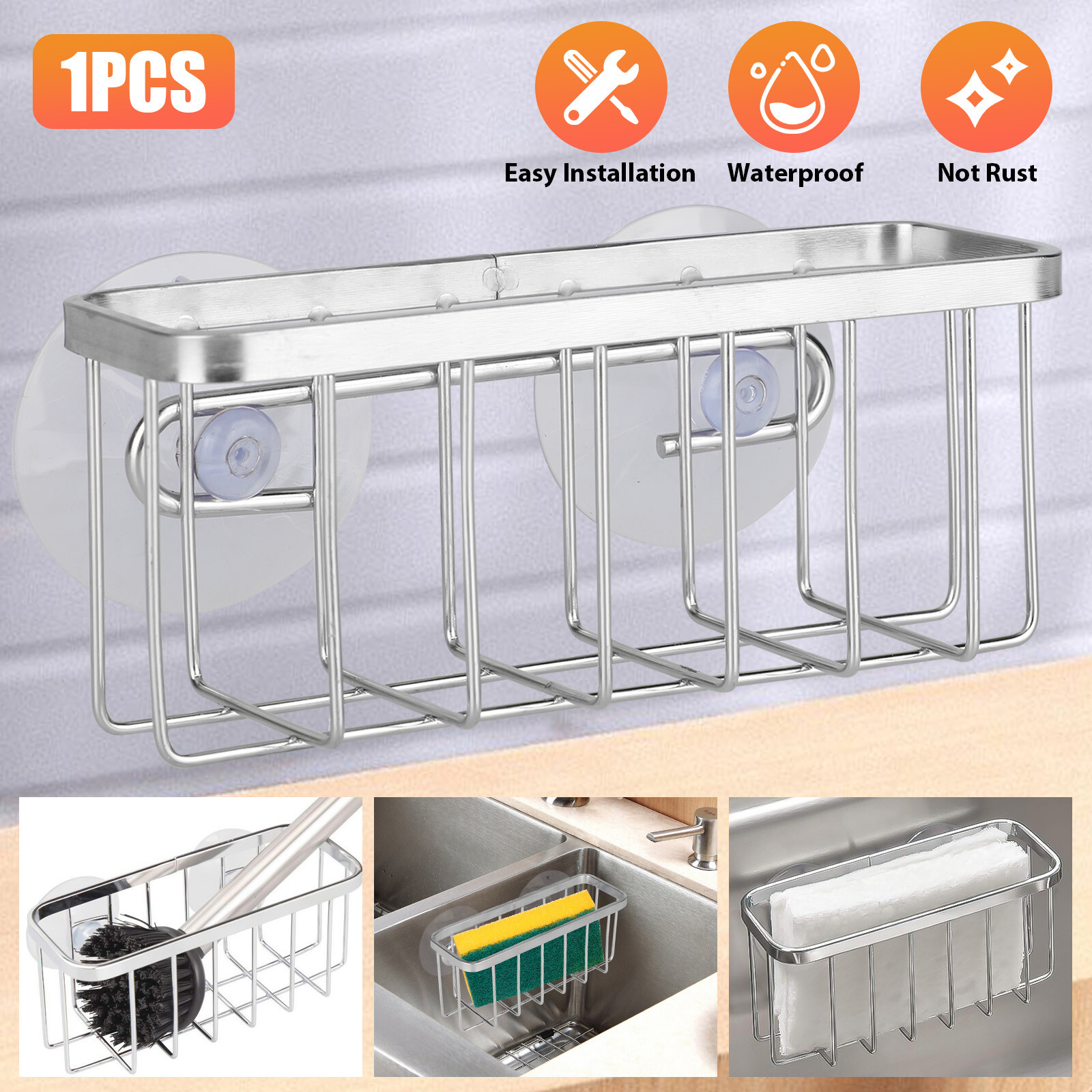 Sponge Holder Suction Cup Stainless Steel Kitchen Dish Drain Sink Basket Racks gallery