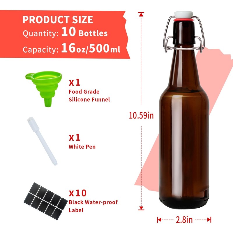 Zelomithe 16oz Amber Glass Bottles with Airtight Rubber Seal Flip Caps (10 Pack) gallery