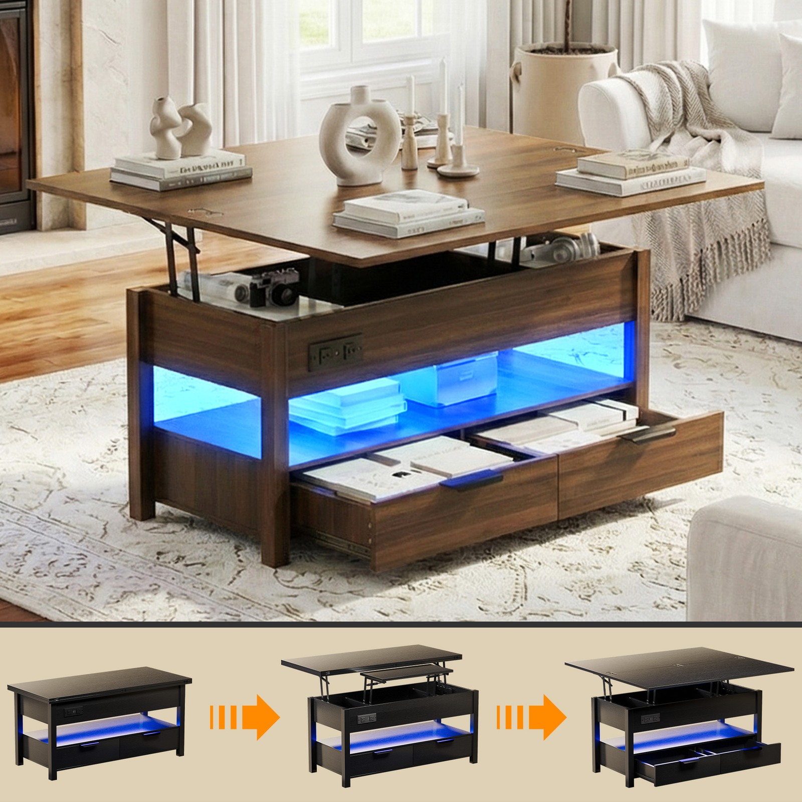 LED Walnut Lift Top Multi-Function Coffee Table with 2 Drawers &Charging Station gallery