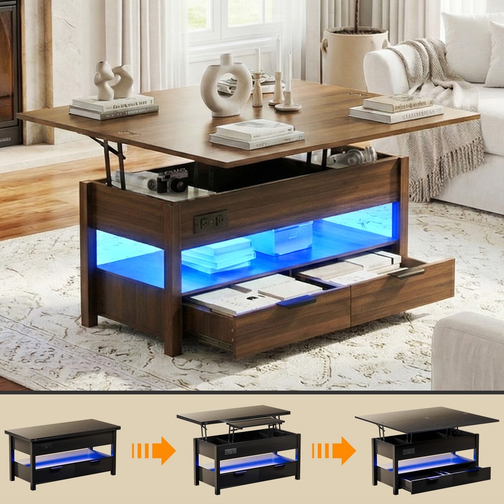 LED Walnut Lift Top Multi-Function Coffee Table with 2 Drawers &Charging Station